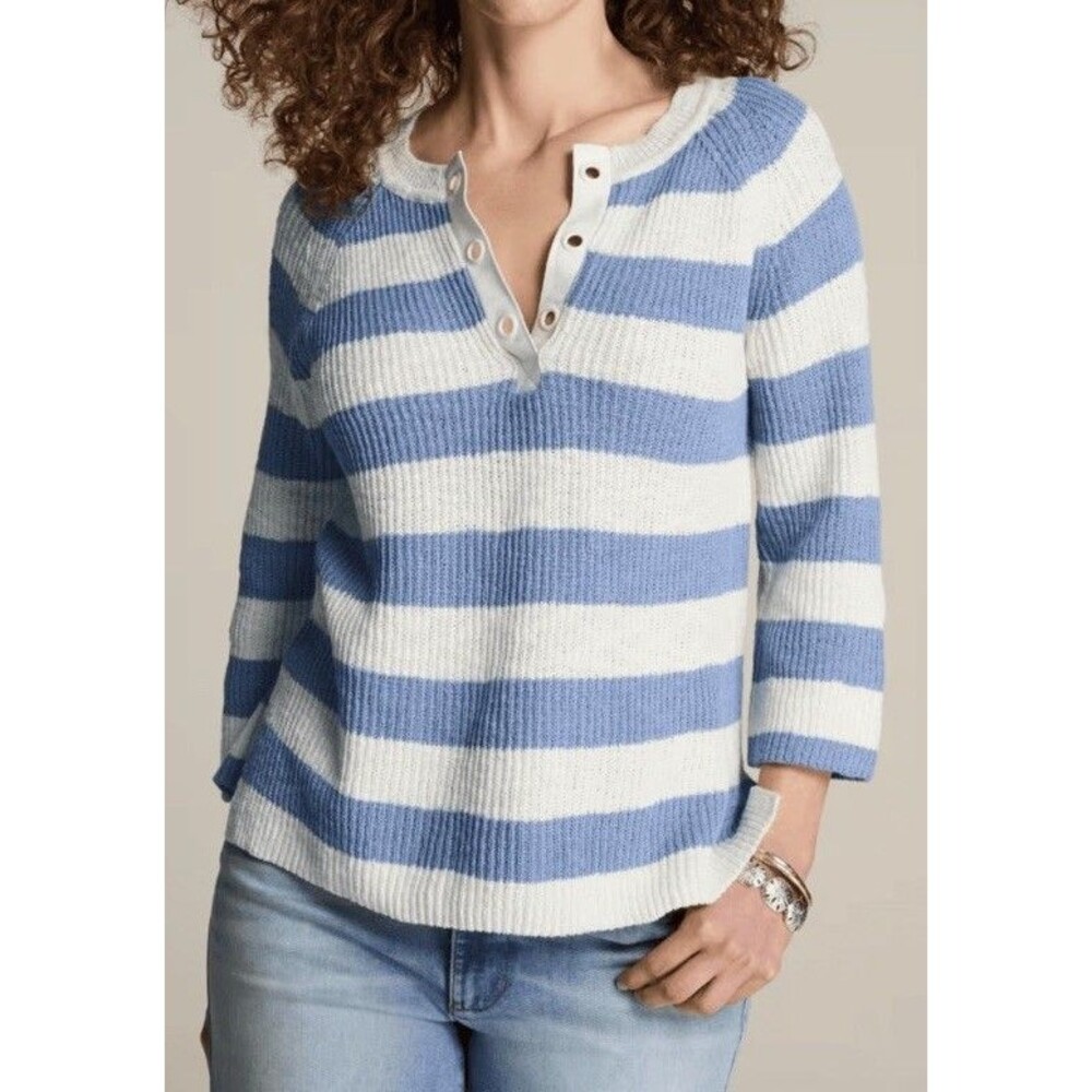 J.Jill Henley Split Neck Knit Top 3/4 Sleeve Small  Blue/White Stripes Cotton